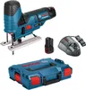 A Bosch cordless jigsaw kit with accessories, including a battery, charger, and carrying case, displayed against a white background. Produktbild-Vorschau