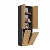 A tall cabinet with two doors open, revealing shelves stocked with toiletries. The bottom section of the cabinet has two slanted doors revealing a laundry basket. The cabinet has a dark gray exterior and wood-grain interior. Anteprima dell’immagine prodotto