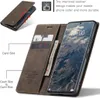 A brown leather flip case for a smartphone, showing its card and cash slots. Produktbild-Vorschau