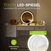 A vanity table with a round LED mirror and various cosmetic items on top, with promotional text overlays. Náhľad obrázku produktu