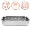 Three circular icons above a stainless steel roasting pan with a rack. Náhľad obrázku produktu