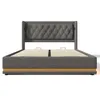 A studio shot of a gray upholstered bed frame with a tufted headboard and a wooden trim. Anteprima dell’immagine prodotto