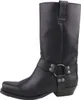 A black leather boot with a harness strap and metal ring. Voir les images du produit