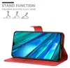 A red phone case is shown open, displaying a smartphone screen. Above the case, there are illustrations of different stand positions for the case. Náhled obrázku produktu