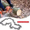 A person is using a chainsaw to cut a log in a forest setting. A separate image of a chainsaw chain is shown below. Náhled obrázku produktu