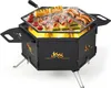 A black hexagonal portable charcoal grill with food cooking on the grate over flames. Produktbild-Vorschau