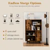 A marketing image showcasing a wooden cabinet with storage options, featuring icons and text highlighting its features. Podgląd zdjęcia produktu