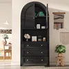 A black arched cabinet with open doors and drawers, decorated with various items, in a room setting. Voir les images du produit