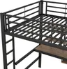 Close-up view of a black metal loft bed with a wooden desk attached underneath. Produktbild-Vorschau