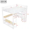Diagram of a white metal bunk bed with shelves and a desk, showing dimensions. Produktbild-Vorschau