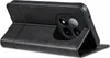 A black leather flip case for a smartphone is shown from a side angle, with the front cover folded back. Produktbild-Vorschau