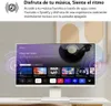 A white LG smart monitor displaying a music app interface, with graphic representations of sound waves emanating from the sides. Produktbild-Vorschau