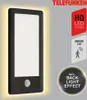A product image of a black LED outdoor light with a motion sensor, featuring marketing text and icons. Produktbild-Vorschau
