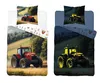 Two bedding sets with tractor designs, one in daylight and one in a darker, illuminated setting. Produktbild-Vorschau