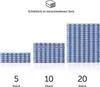 Three stacks of blue and white checkered towels of increasing size, with numbers and text below indicating quantities. Anteprima dell’immagine prodotto