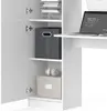 A close-up view of a white desk with storage compartments, a laptop, and some office supplies. Produktbild-Vorschau