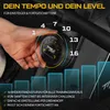 A hand is shown adjusting a dial on a piece of exercise equipment, with text overlays and graphical elements highlighting features. Produktbild-Vorschau
