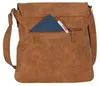 A close-up shot of a brown leather handbag with a zippered pocket on the back. A blue wallet and a white object with red writing are partially visible in the pocket. Produktbild-Vorschau