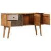 A wooden sideboard with two open doors and two open drawers, displaying its interior and decorative drawer fronts. Voir les images du produit