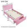 A pink single bed with dimensions indicated by lines and numbers. Anteprima dell’immagine prodotto