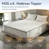 A mattress topper is shown on a bed in a bedroom setting, with promotional text and icons at the bottom. Produktbild-Vorschau