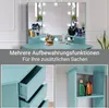 A collage of images showing a turquoise vanity table with LED lights, drawers, and shelves, along with marketing text. Voir les images du produit