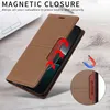 A brown leather phone case is shown open, with red arrows indicating the magnetic closure feature. A close-up inset shows the brand logo. Produktbild-Vorschau