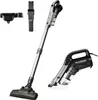 A collection of cordless vacuum cleaner parts and a handheld vacuum cleaner.