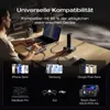 A person is working at a desk with a laptop and a docking station. Below is a collage of various electronic devices. Produktbild-Vorschau