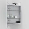 An open medicine cabinet with shelves, containing toiletries and a power outlet. Produktbild-Vorschau