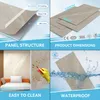 A collage of four images showcasing the features and dimensions of wall panels, including their structure, size, ease of cleaning, and waterproof properties. Anteprima dell’immagine prodotto