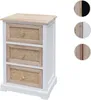 A white and natural wood bedside table with three rattan drawers. Anteprima dell’immagine prodotto