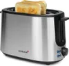 A stainless steel two-slice toaster with two slices of golden-brown toast in it. Produktbild-Vorschau