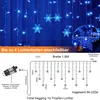A diagram and image showing blue LED snowflake string lights with dimensions and connection information. Náhled obrázku produktu