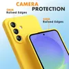 A yellow phone case is shown with text highlighting camera protection and raised edges. Anteprima dell’immagine prodotto