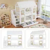 A collage of images showing a white wooden bunk bed shaped like a house, with a dollhouse and shelves in the background, and close-ups of the bunk bed. Anteprima dell’immagine prodotto