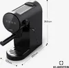A black espresso machine is shown from a three-quarter angle against a white background, with dimensions indicated by lines and text. Produktbild-Vorschau