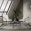 A modern living room setting with two beige armchairs, a coffee table, and a large potted plant. Náhled obrázku produktu