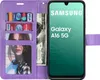 A purple wallet case for a Samsung Galaxy A16 5G phone, showing credit cards, cash, and a photo inside. Produktbild-Vorschau