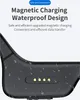 Close-up of a black electronic device with water droplets on it, showing charging pins and marketing text about its features. Podgląd zdjęcia produktu