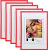 A stack of red picture frames with a sample image of a woman with colorful makeup and macarons inside the front frame. Produktbild-Vorschau