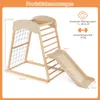 A diagram showing the dimensions of a wooden children's climbing frame with a slide and net. Produktbild-Vorschau