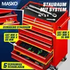 A red tool chest with multiple drawers, some of which are open to reveal tools. Text overlays highlight features and dimensions. Produktbild-Vorschau
