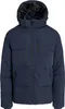 A navy blue puffer jacket with a hood, shown from the front against a white background.