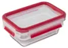 A clear, well-lit studio shot of a rectangular glass food storage container with a red lid and clear plastic locking mechanism. Náhľad obrázku produktu