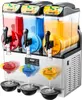 A commercial slushie machine with three dispensers, filled with red, blue, and yellow drinks. Three glasses of slushies are shown in front of the machine. Náhľad obrázku produktu