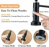 A close-up of a black kitchen faucet with a hand demonstrating its dual-function nozzles, accompanied by diagrams illustrating spray and stream modes. Produktbild-Vorschau