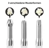 Three stainless steel cream dispenser nozzles with examples of cream patterns they produce. Produktbild-Vorschau
