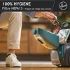 A person is shown emptying a vacuum cleaner bag. The vacuum cleaner is teal and gray. Produktbild-Vorschau