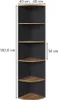 A tall, narrow corner shelving unit with wooden shelves and dark grey sides, shown against a white background with dimensions indicated. Podgląd zdjęcia produktu